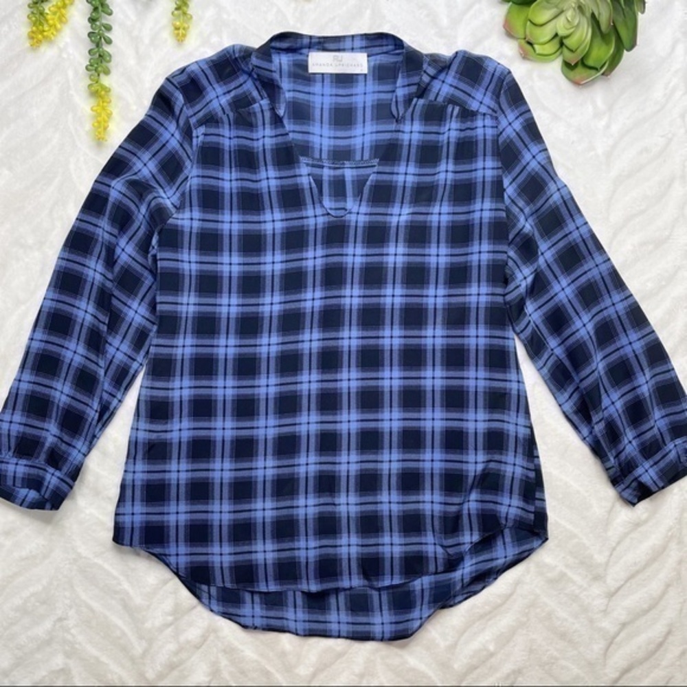 Amanda Uprichard Blue Plaid V-Neck Silk Tunic Top Long Sleeved Size Small